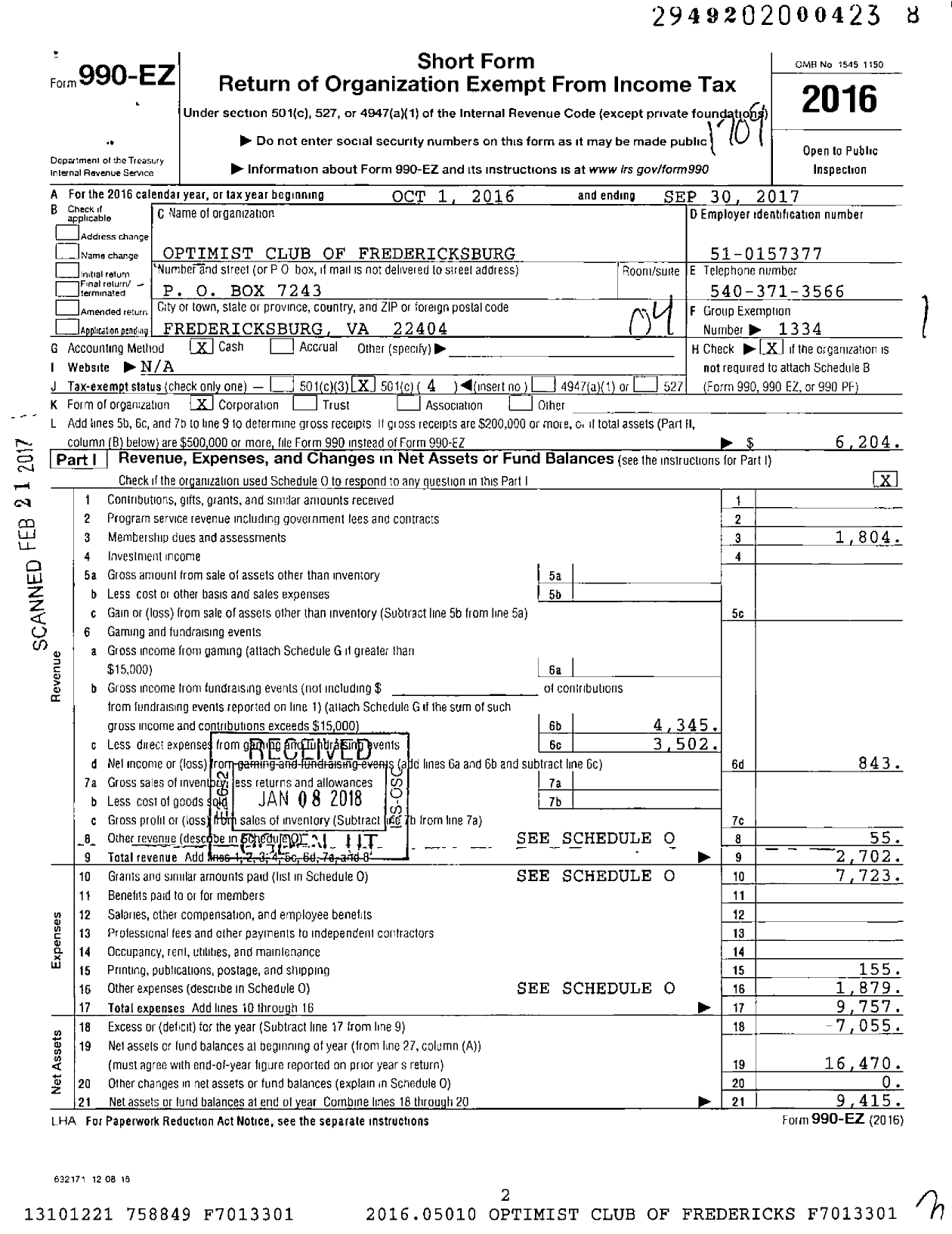 Image of first page of 2016 Form 990EO for Optimist International - 16072 Oc of Fredericksburg Va