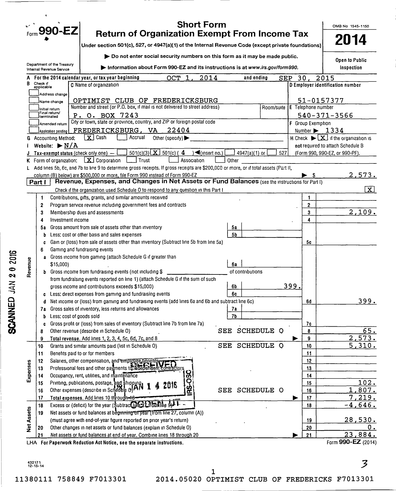 Image of first page of 2014 Form 990EO for Optimist International - 16072 Oc of Fredericksburg Va