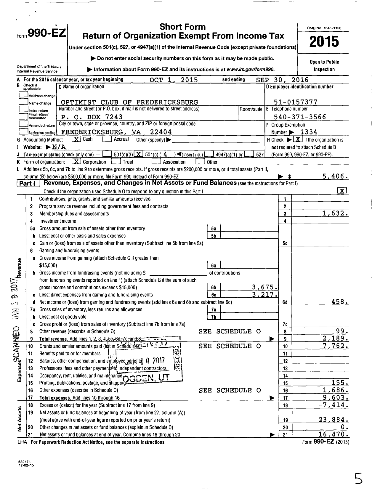 Image of first page of 2015 Form 990EO for Optimist International - 16072 Oc of Fredericksburg Va