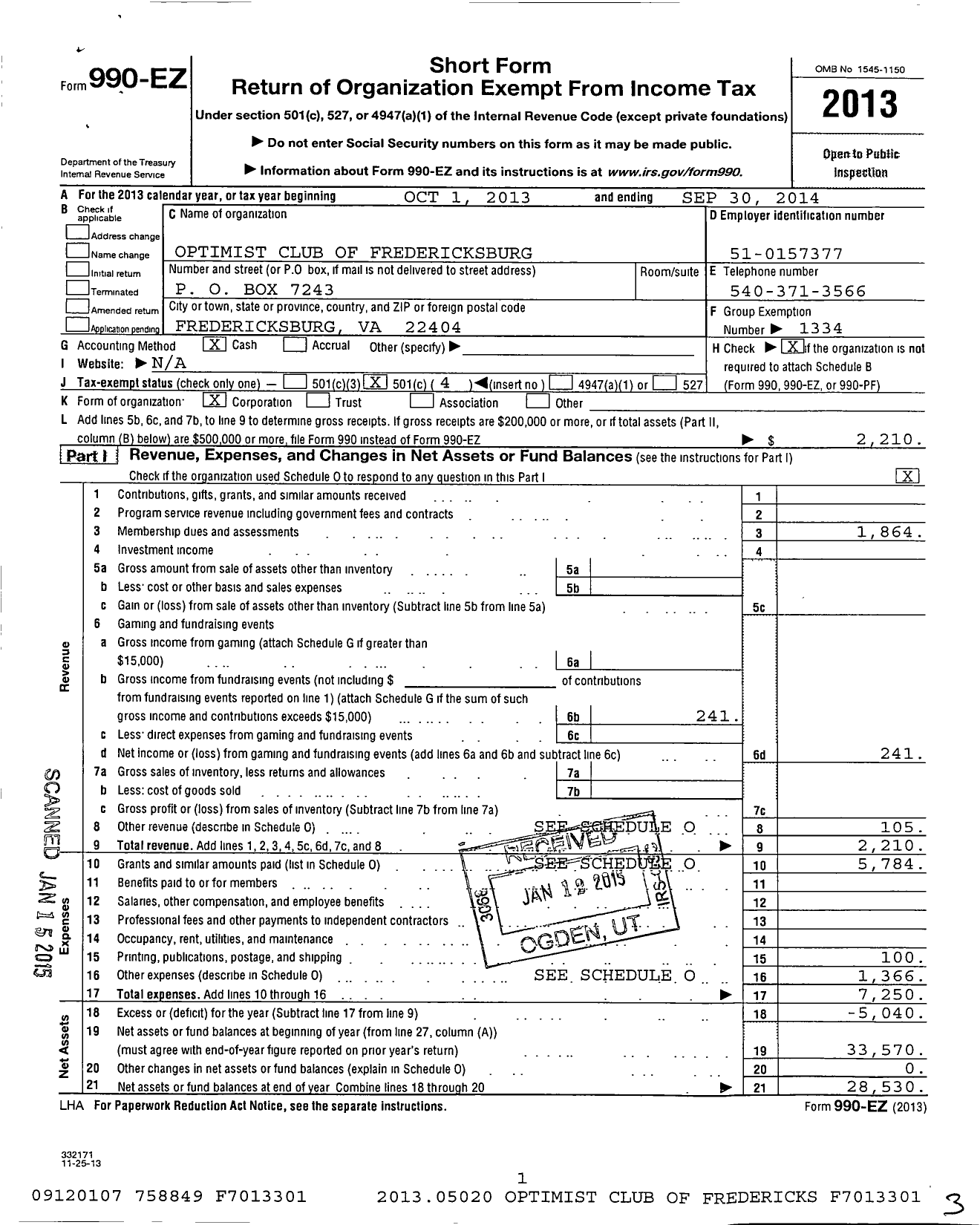 Image of first page of 2013 Form 990EO for Optimist International - 16072 Oc of Fredericksburg Va