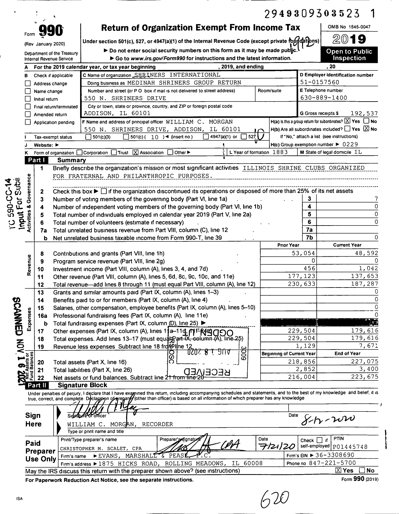 Image of first page of 2019 Form 990O for Shriners International - Medinah Shriners Group Return