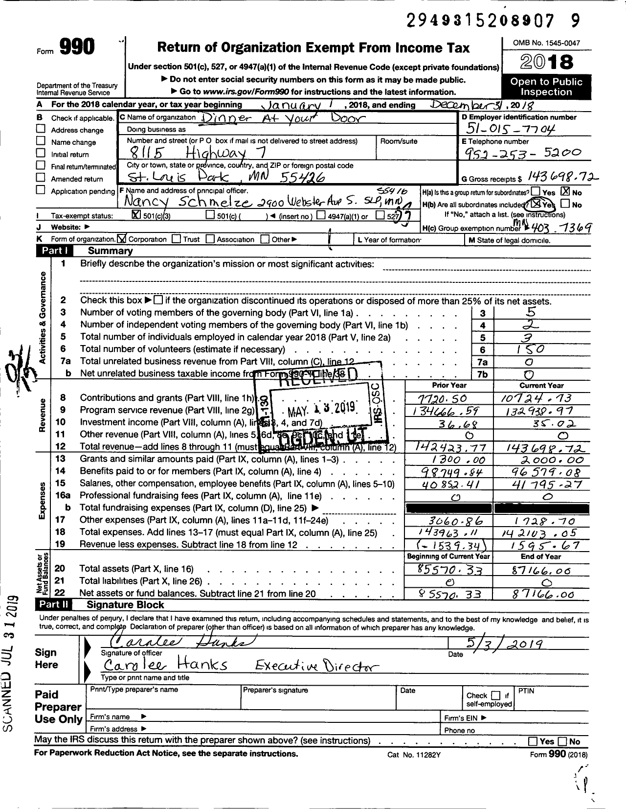 Image of first page of 2018 Form 990 for Dinner at Your Door