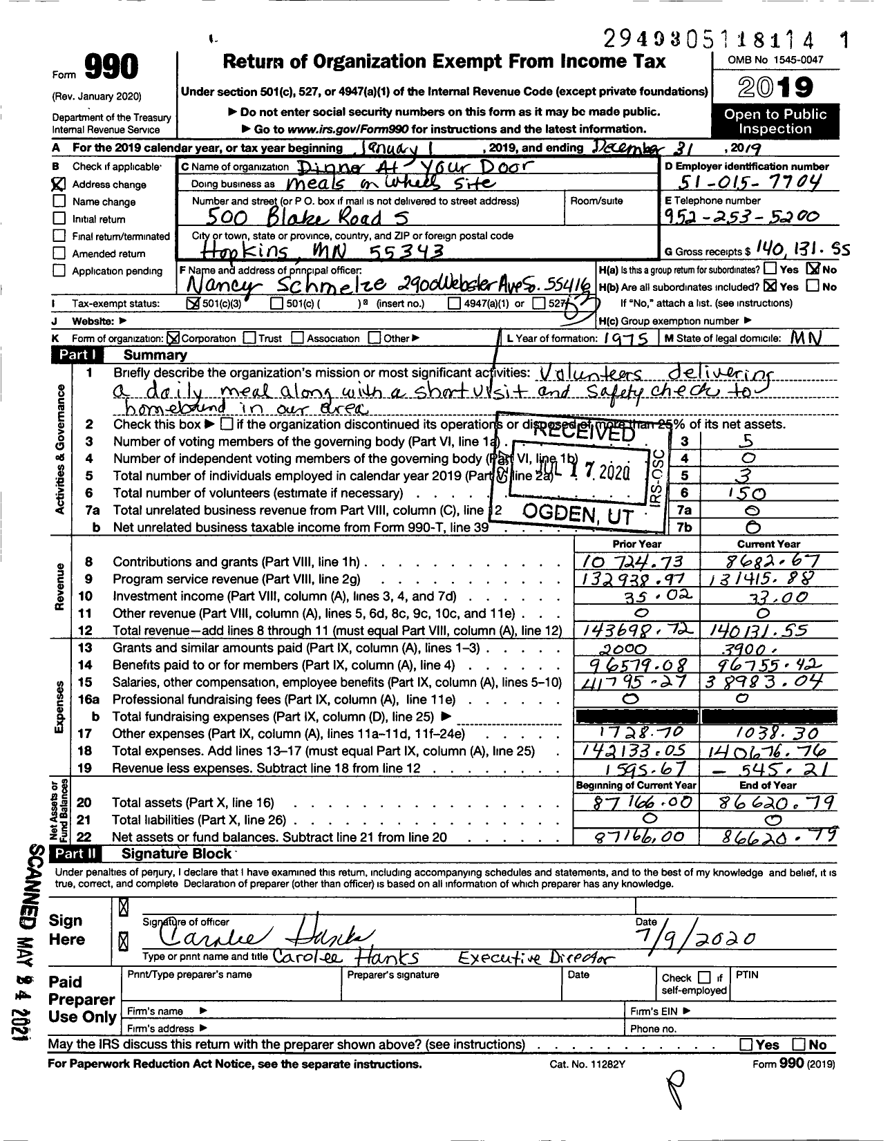 Image of first page of 2019 Form 990 for Dinner at Your Door