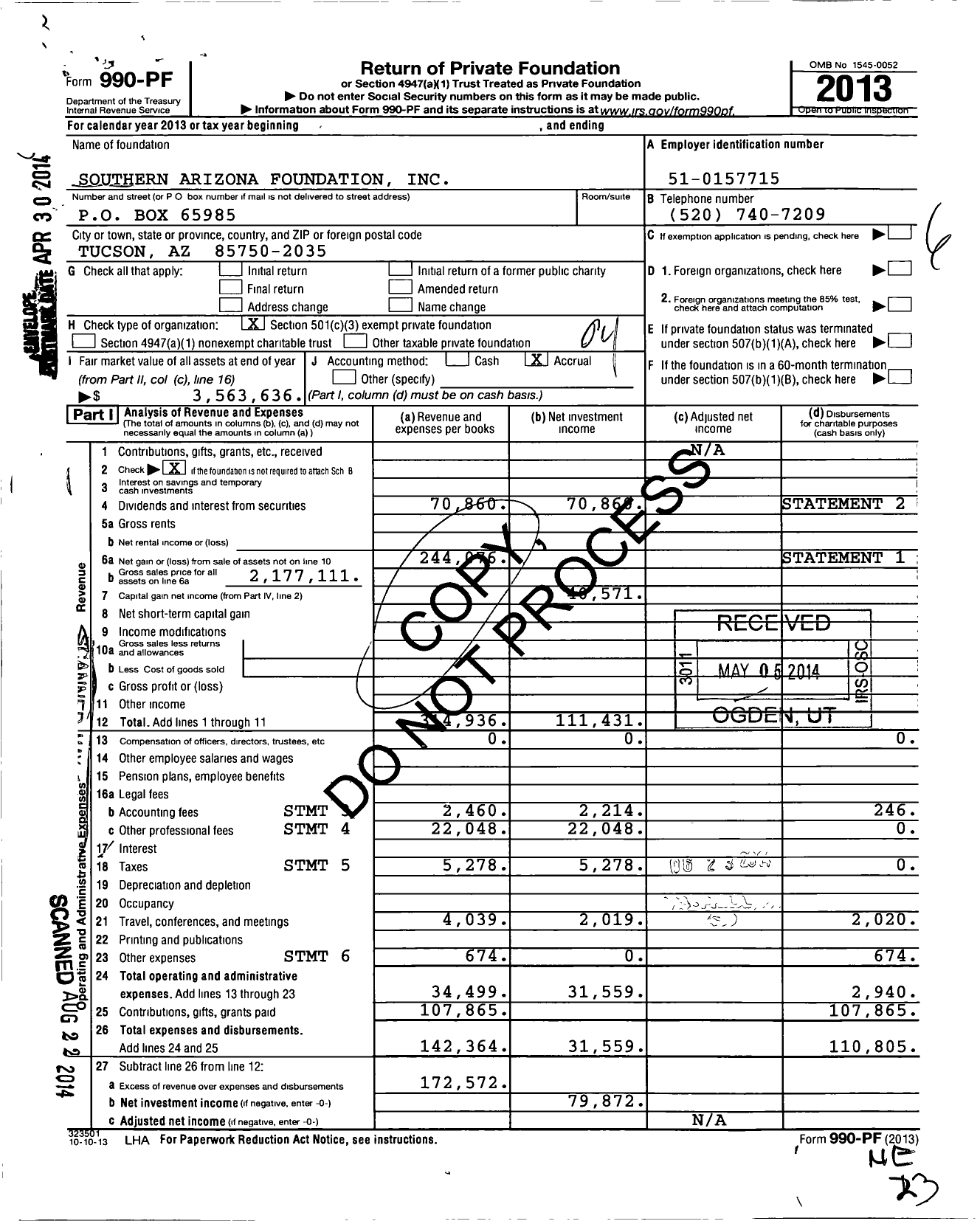 Image of first page of 2013 Form 990PF for Southern Arizona Foundation