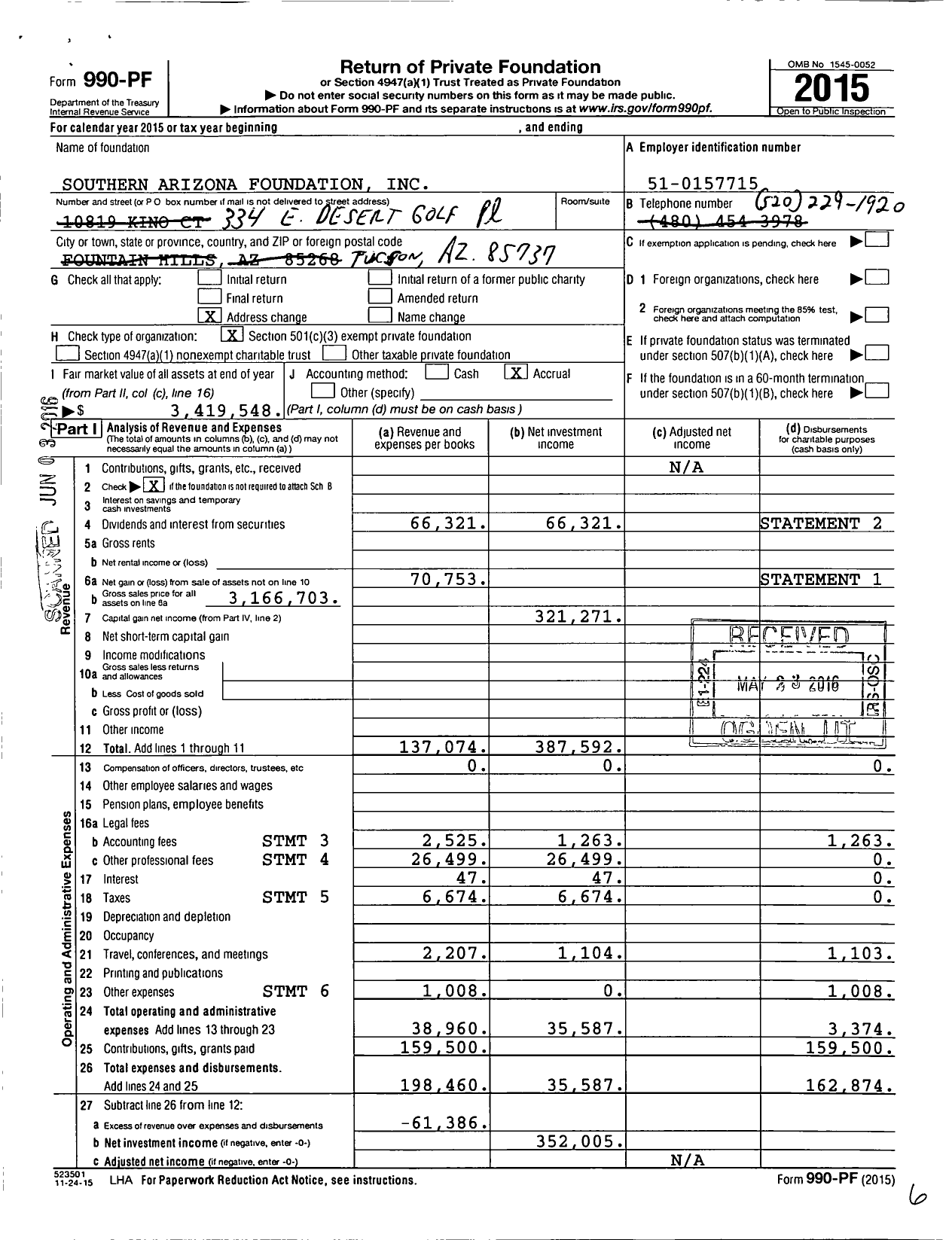 Image of first page of 2015 Form 990PF for Southern Arizona Foundation