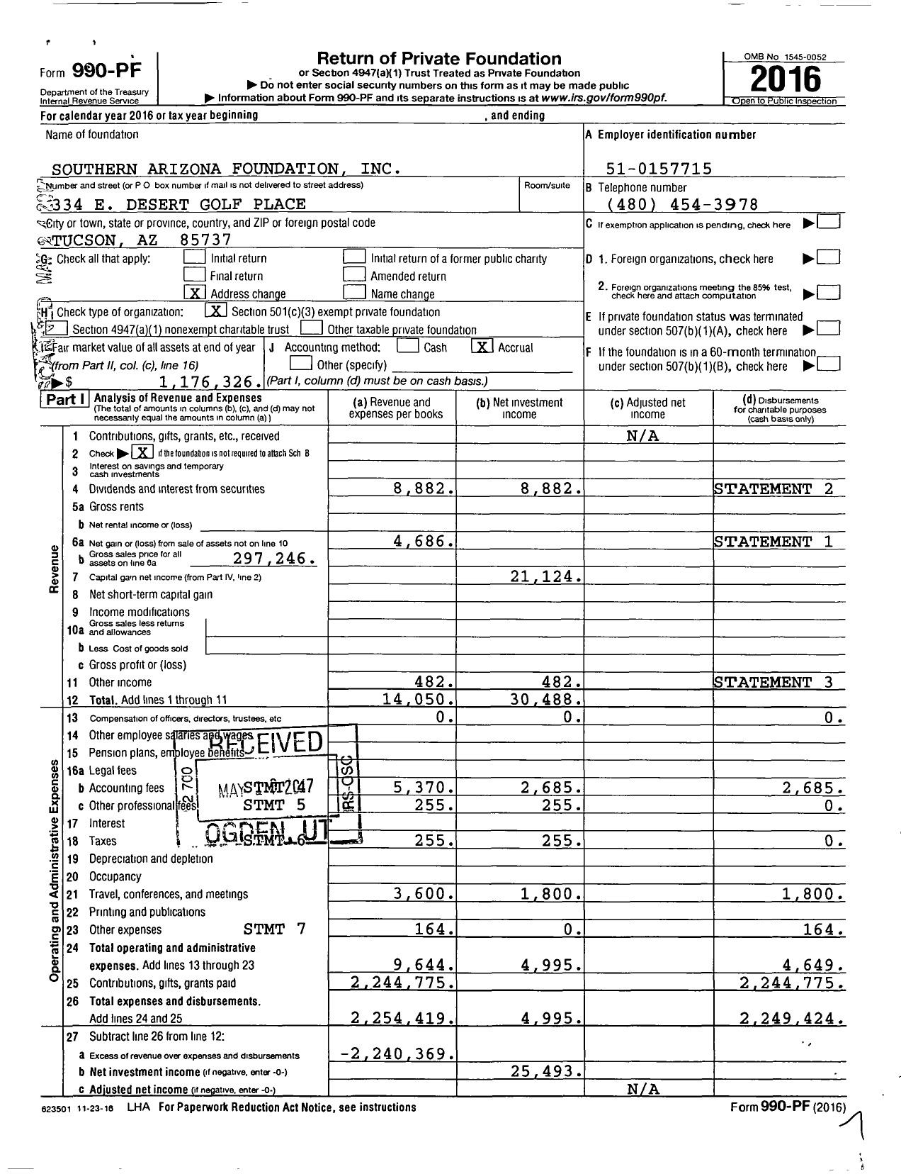 Image of first page of 2016 Form 990PF for Southern Arizona Foundation