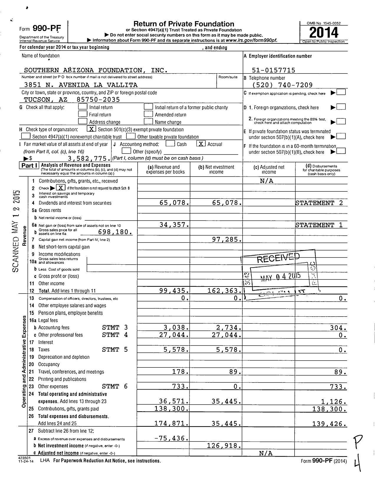Image of first page of 2014 Form 990PF for Southern Arizona Foundation