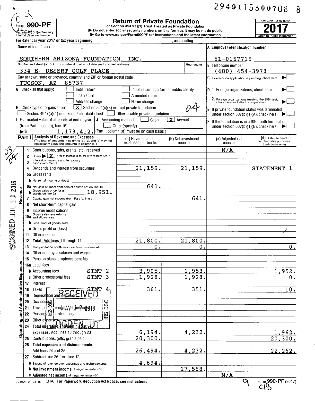 Image of first page of 2017 Form 990PF for Southern Arizona Foundation