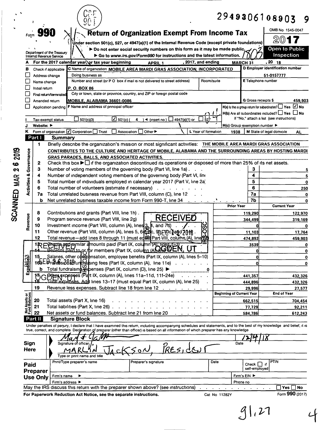 Image of first page of 2017 Form 990O for Mobile Area Mardi Gras Association Incorporated