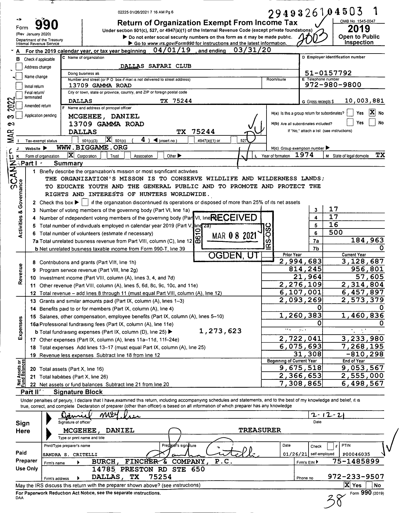 Image of first page of 2019 Form 990O for Dallas Safari Club (DSC)