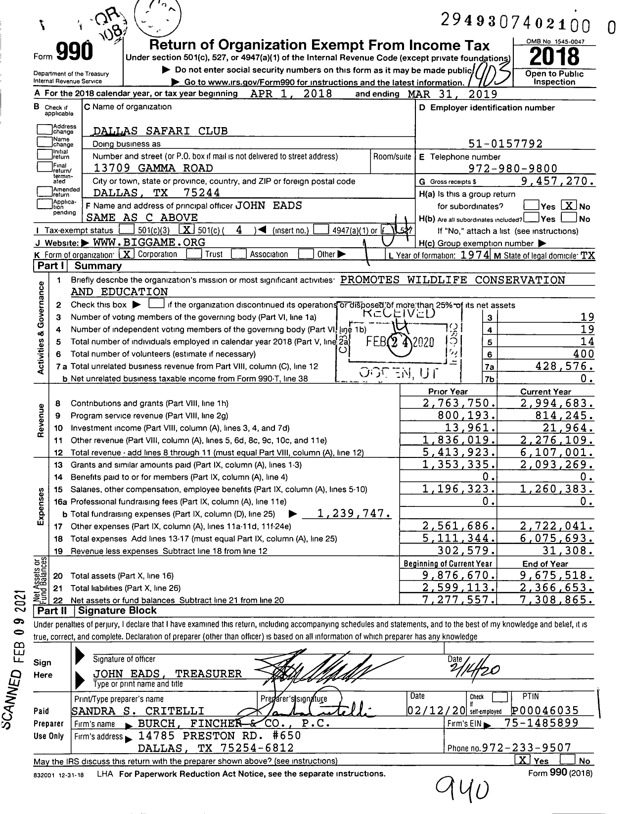 Image of first page of 2018 Form 990O for Dallas Safari Club (DSC)