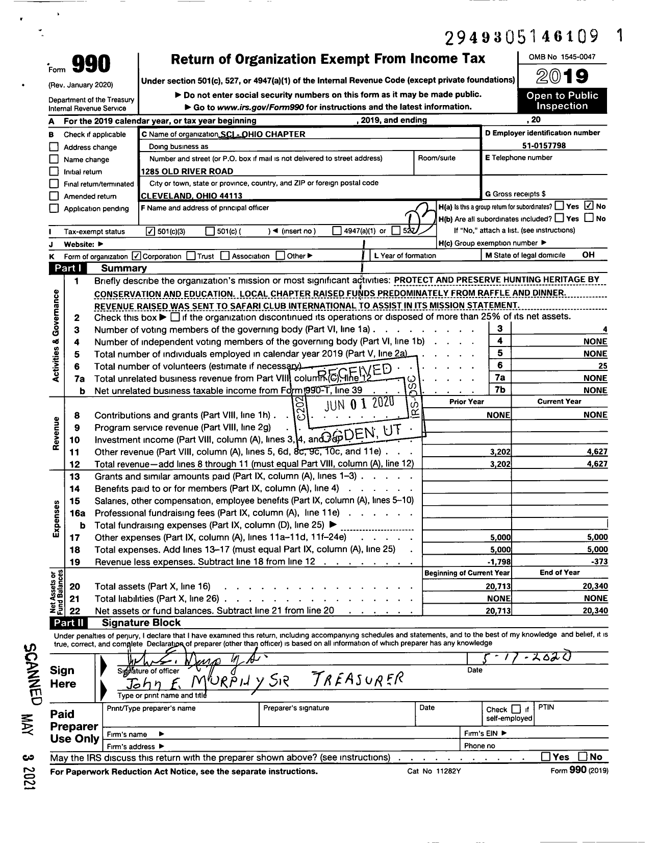 Image of first page of 2019 Form 990 for Safari Club International / Ohio Chapter