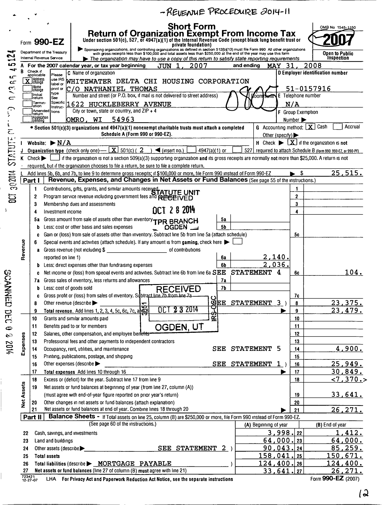 Image of first page of 2007 Form 990EO for Whitewater Delta Chi Housing Corporation