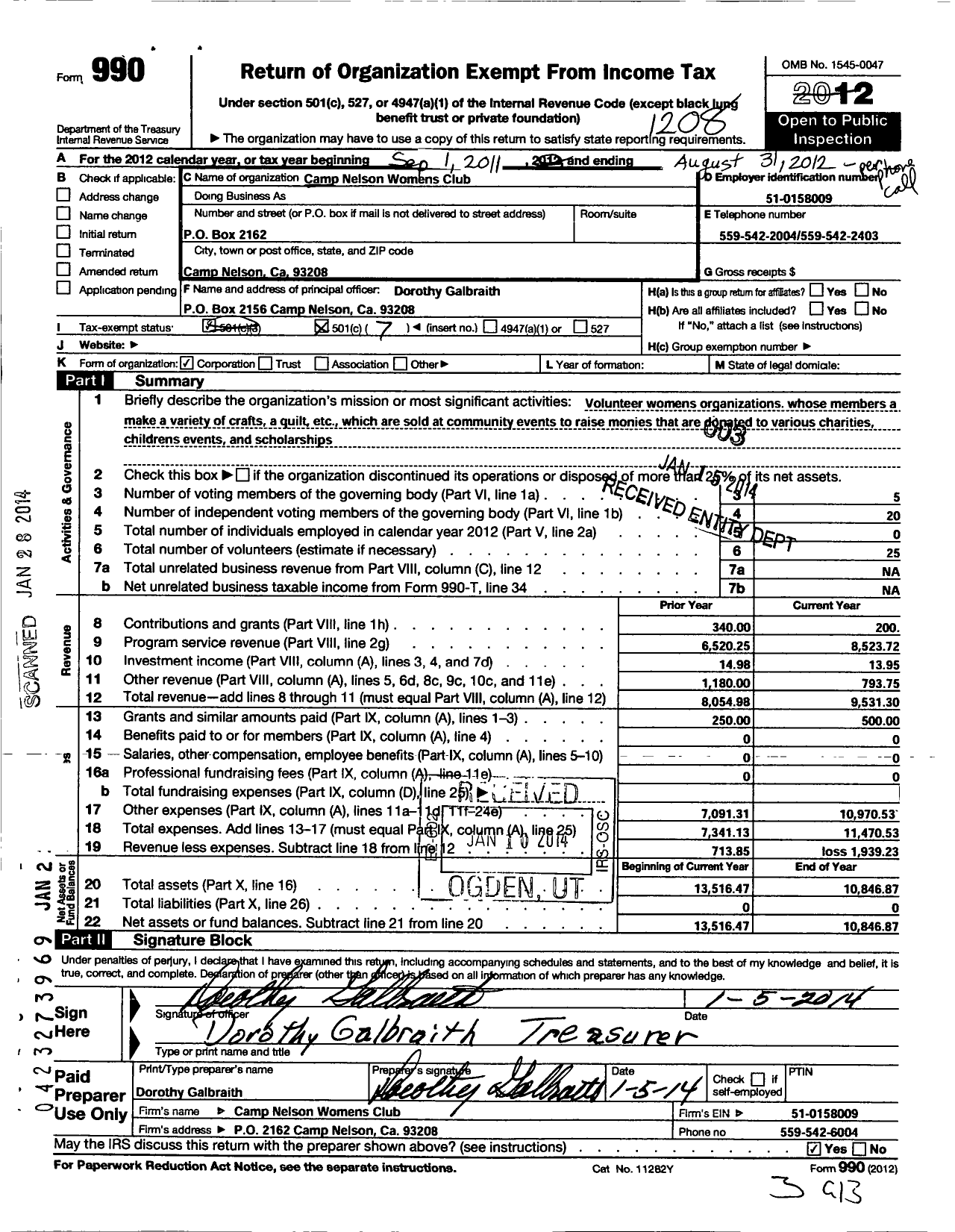 Image of first page of 2011 Form 990O for Camp Nelson Womens Club