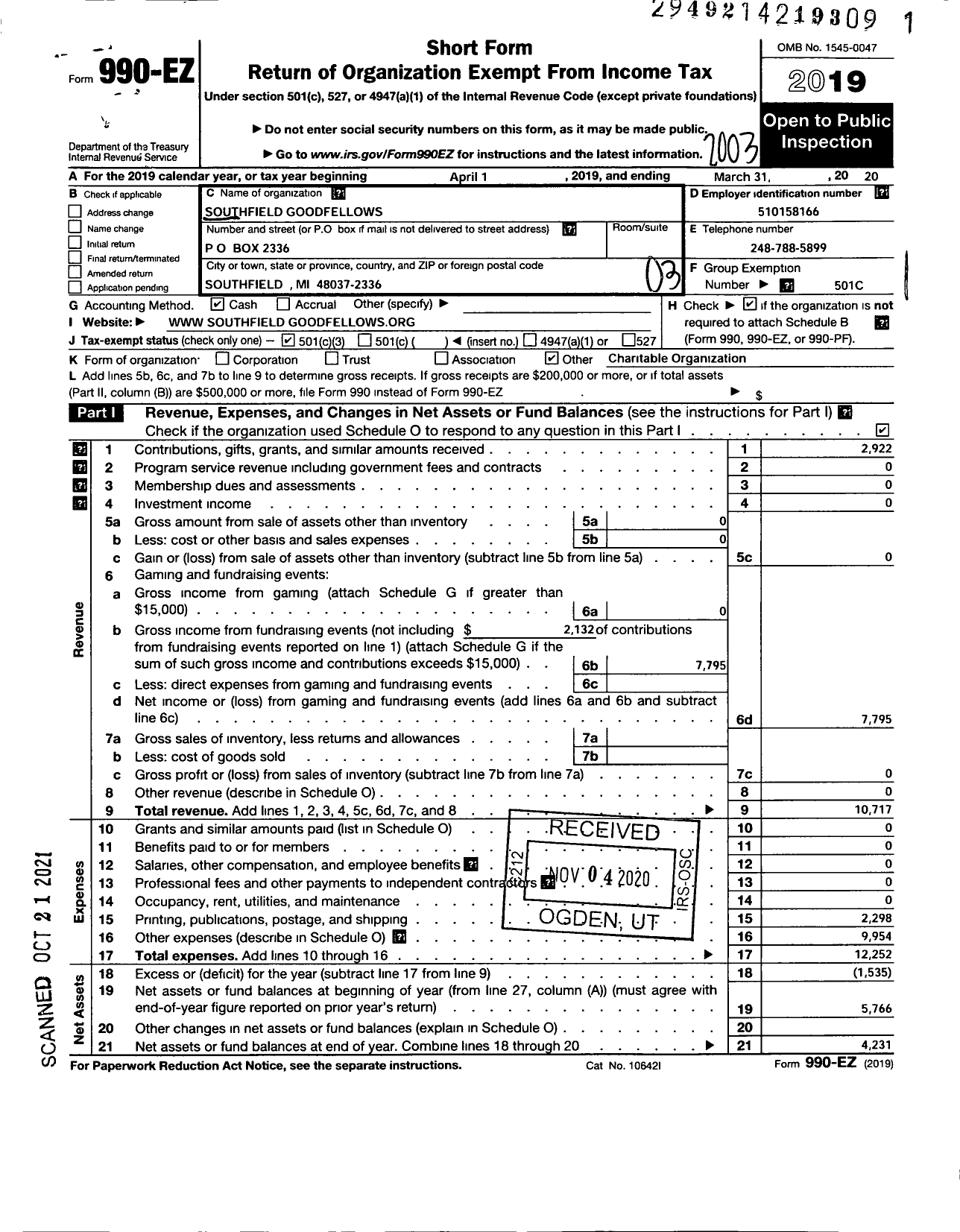 Image of first page of 2019 Form 990EZ for Southfield Goodfellows