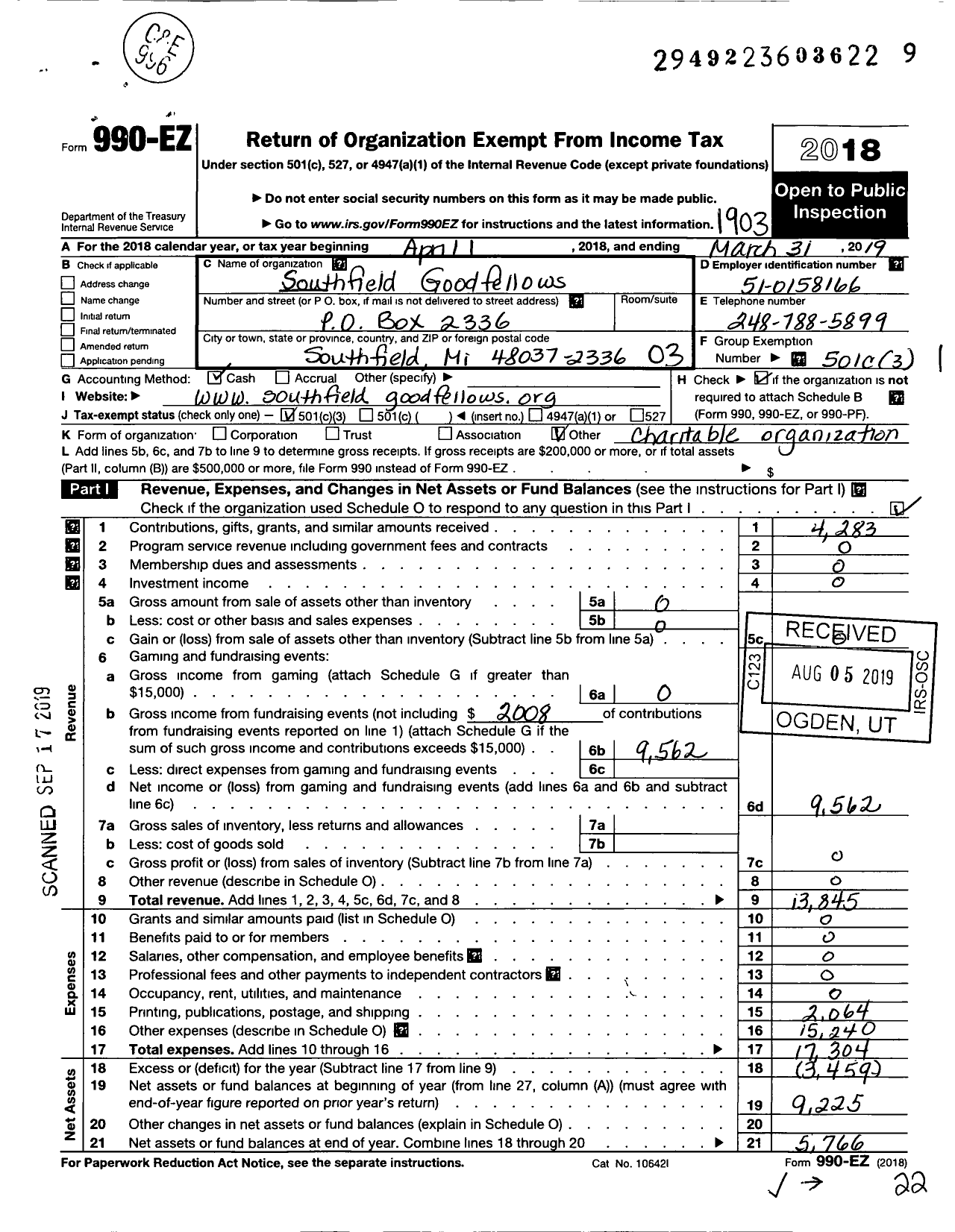 Image of first page of 2018 Form 990EZ for Southfield Goodfellows