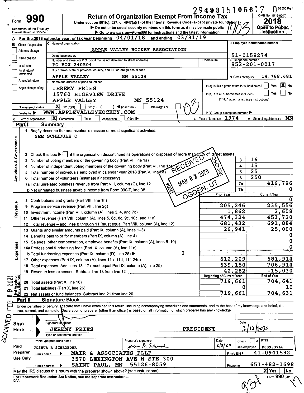 Image of first page of 2018 Form 990 for Apple Valley Hockey Association