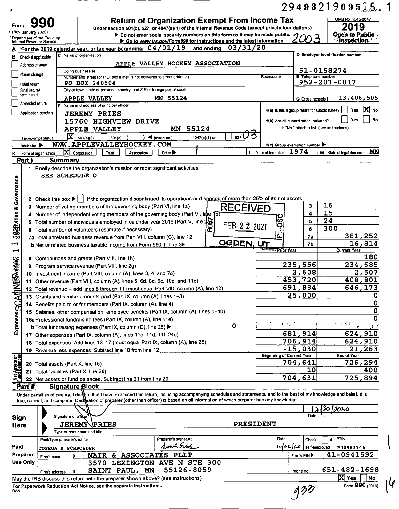 Image of first page of 2019 Form 990 for Apple Valley Hockey Association