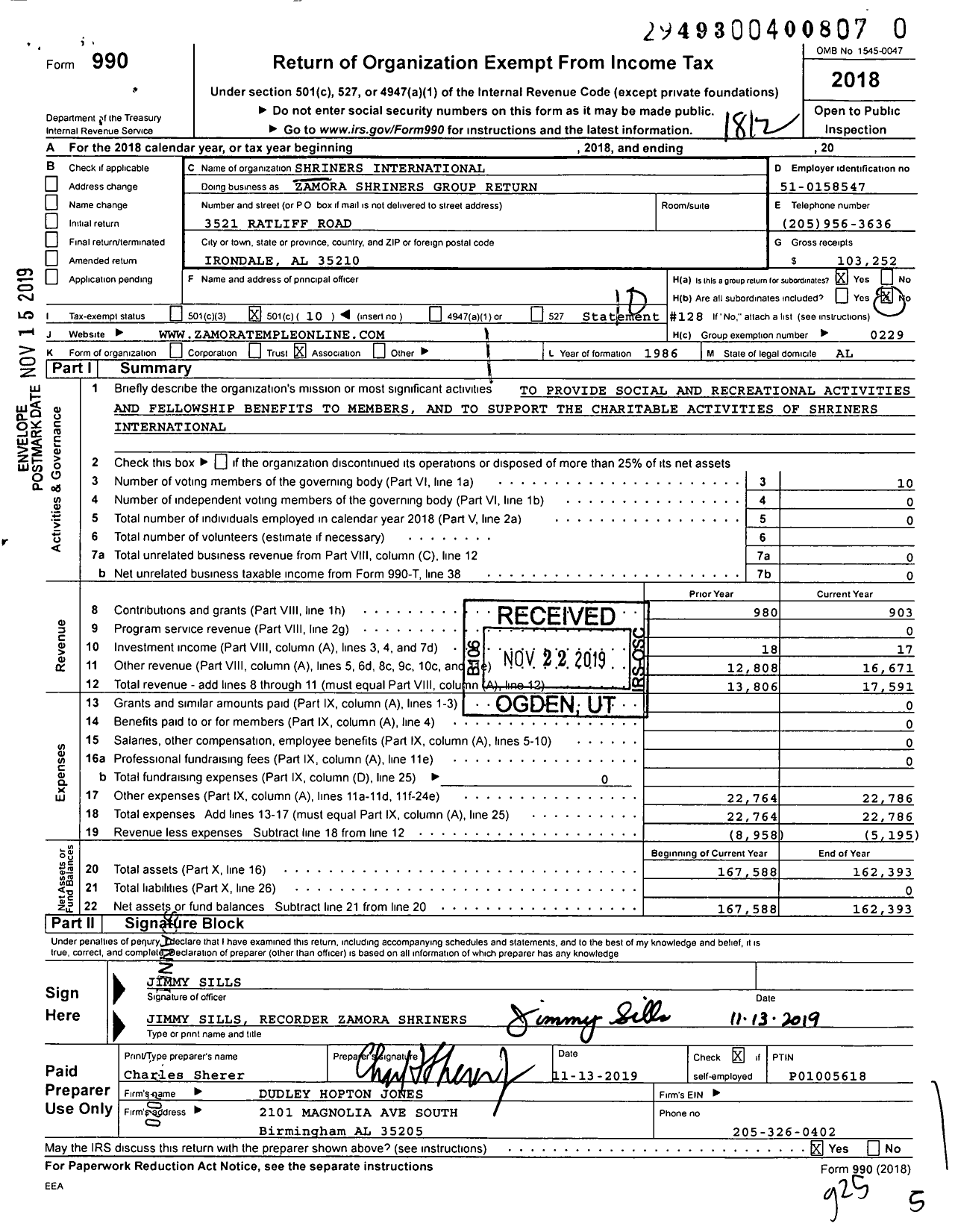 Image of first page of 2018 Form 990O for Zamora Shriners Group Return