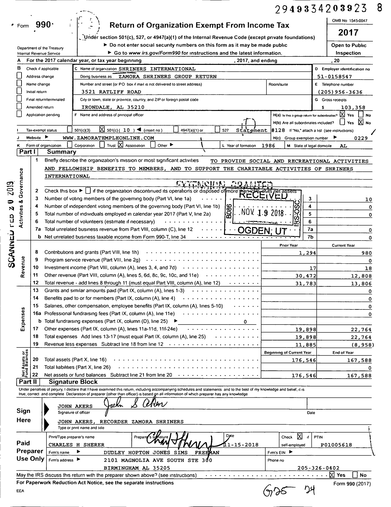 Image of first page of 2017 Form 990O for Zamora Shriners Group Return