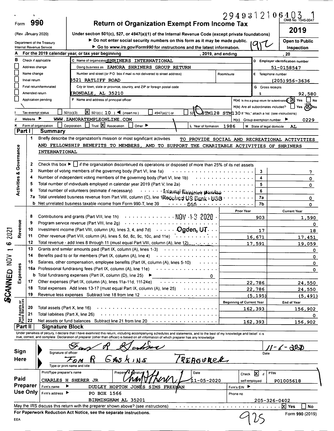 Image of first page of 2019 Form 990O for Zamora Shriners Group Return