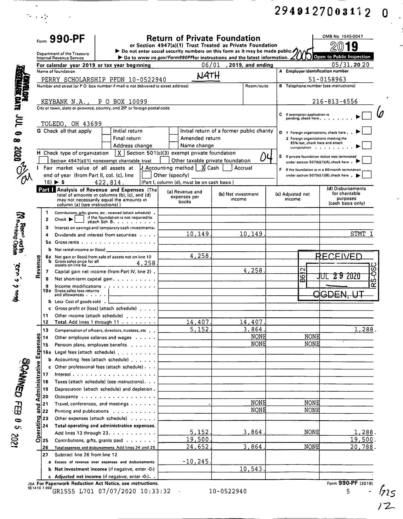 Image of first page of 2019 Form 990PF for Perry Scholarship PFDN