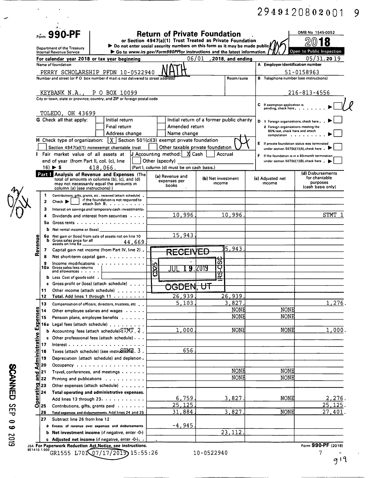 Image of first page of 2018 Form 990PF for Perry Scholarship PFDN