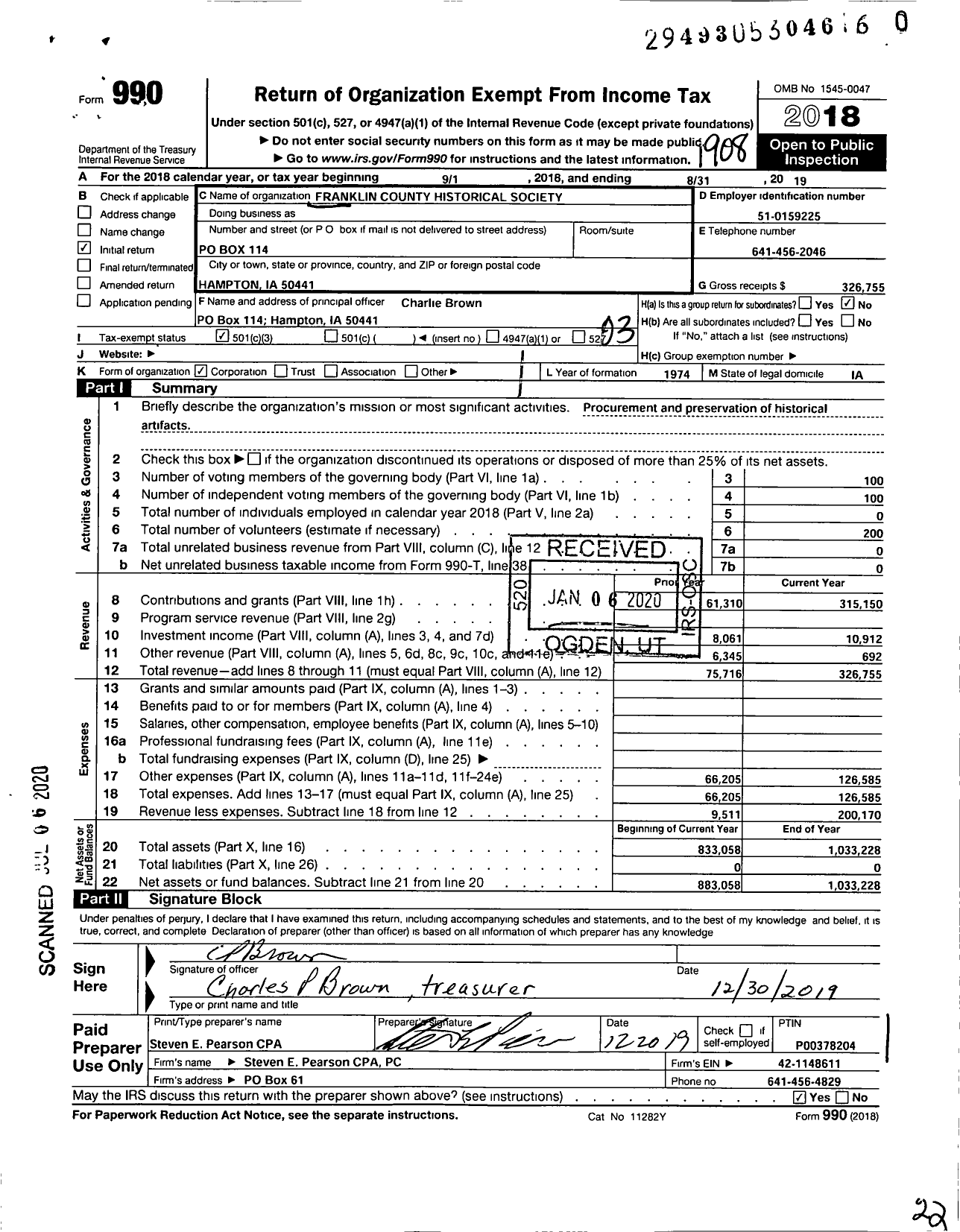 Image of first page of 2018 Form 990 for Franklin County Historical Society