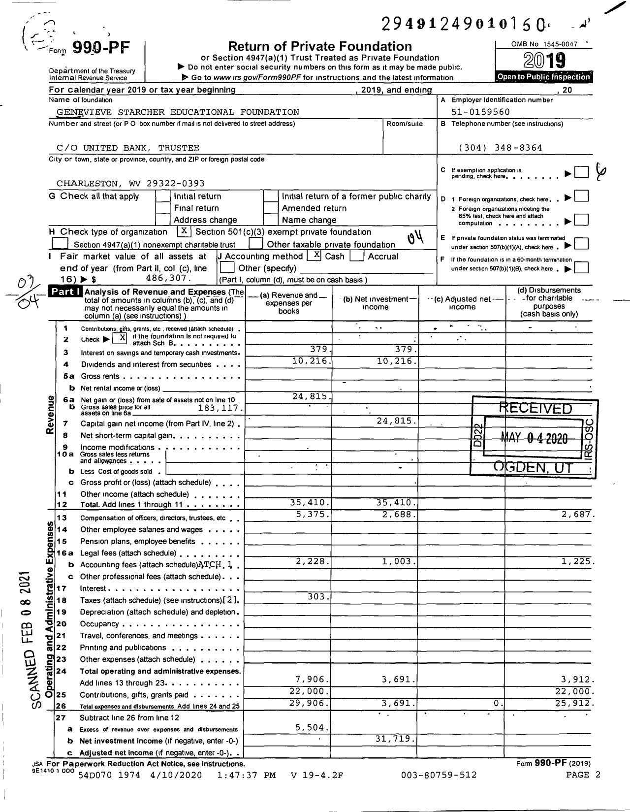 Image of first page of 2019 Form 990PF for Genevieve Starcher Educational Foundation