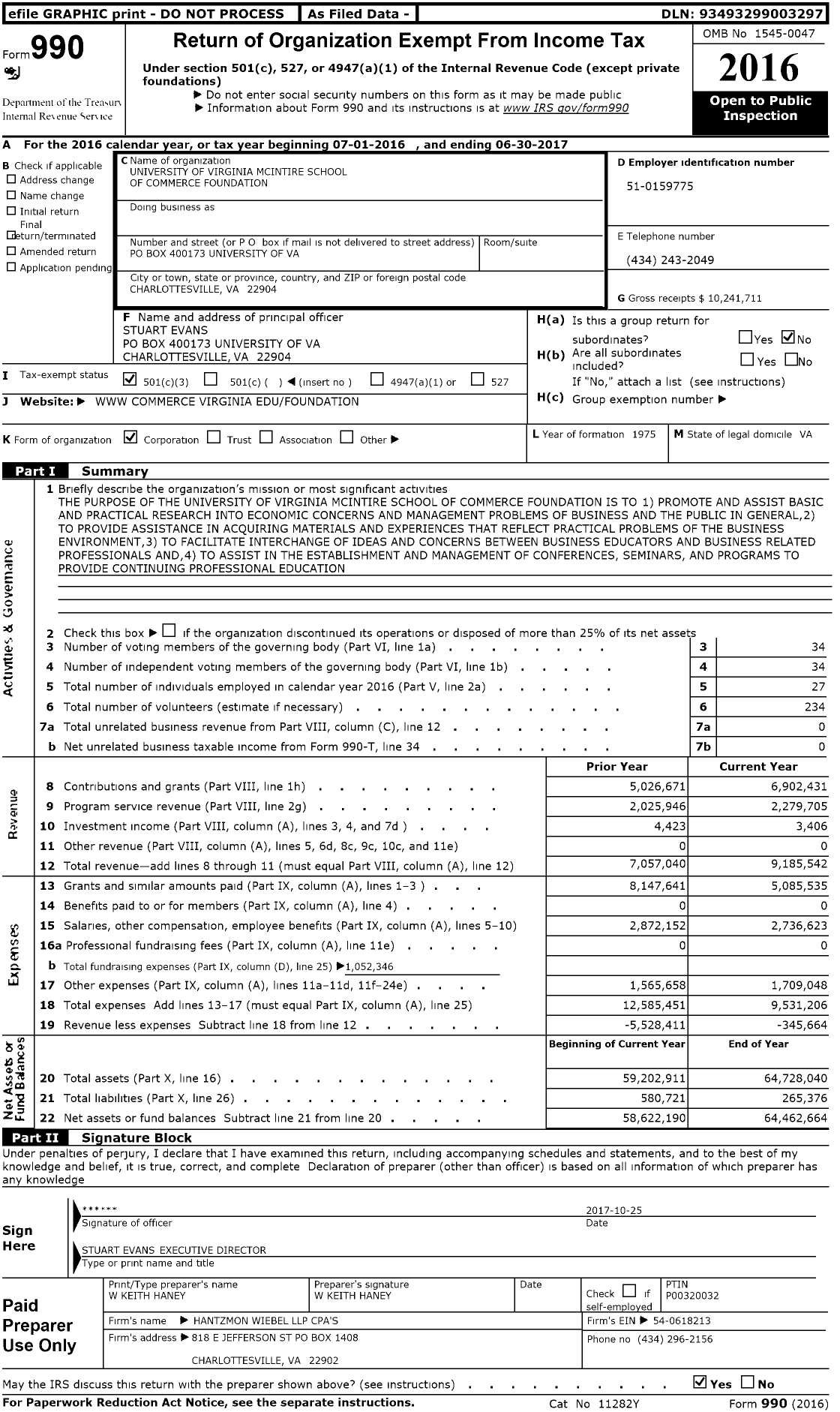 Image of first page of 2016 Form 990 for The University of Virginia Mcintire School of Commerce Foundation
