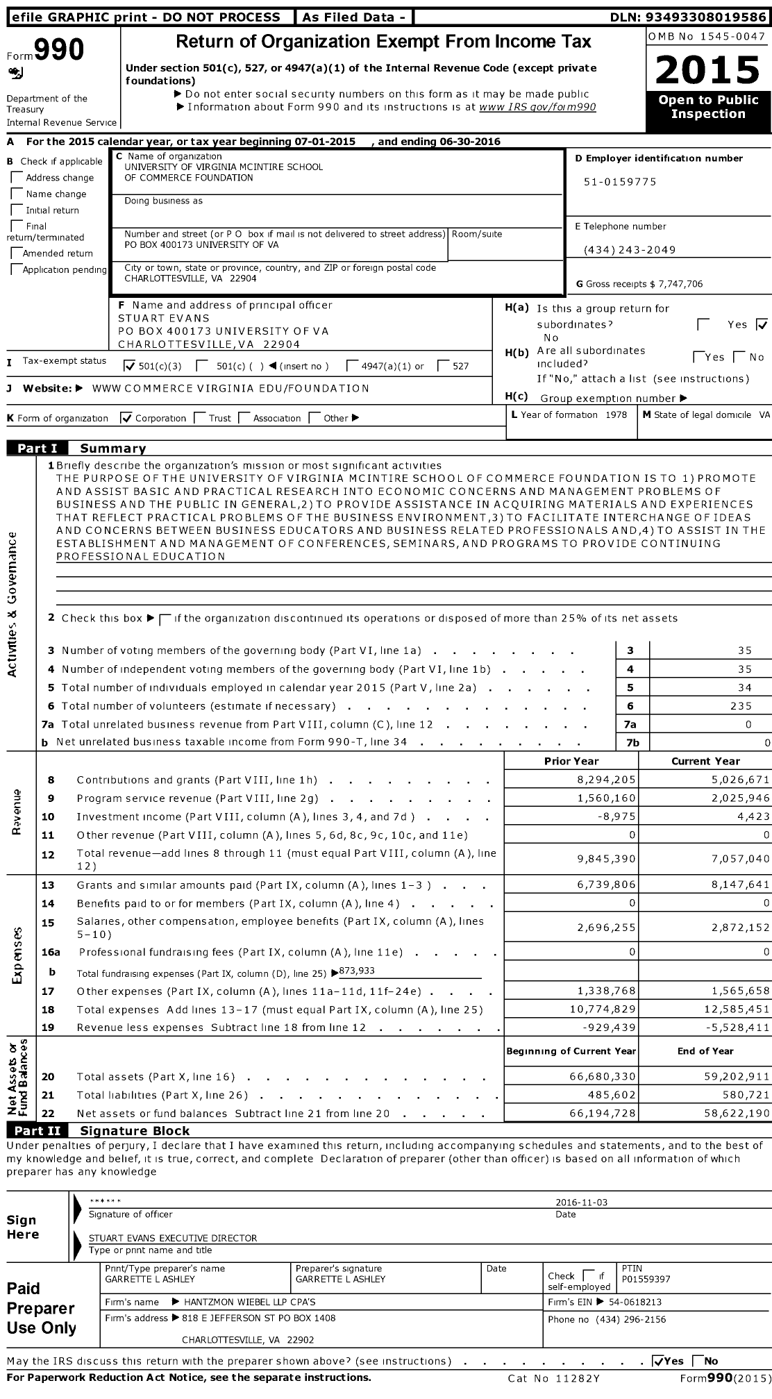 Image of first page of 2015 Form 990 for The University of Virginia Mcintire School of Commerce Foundation