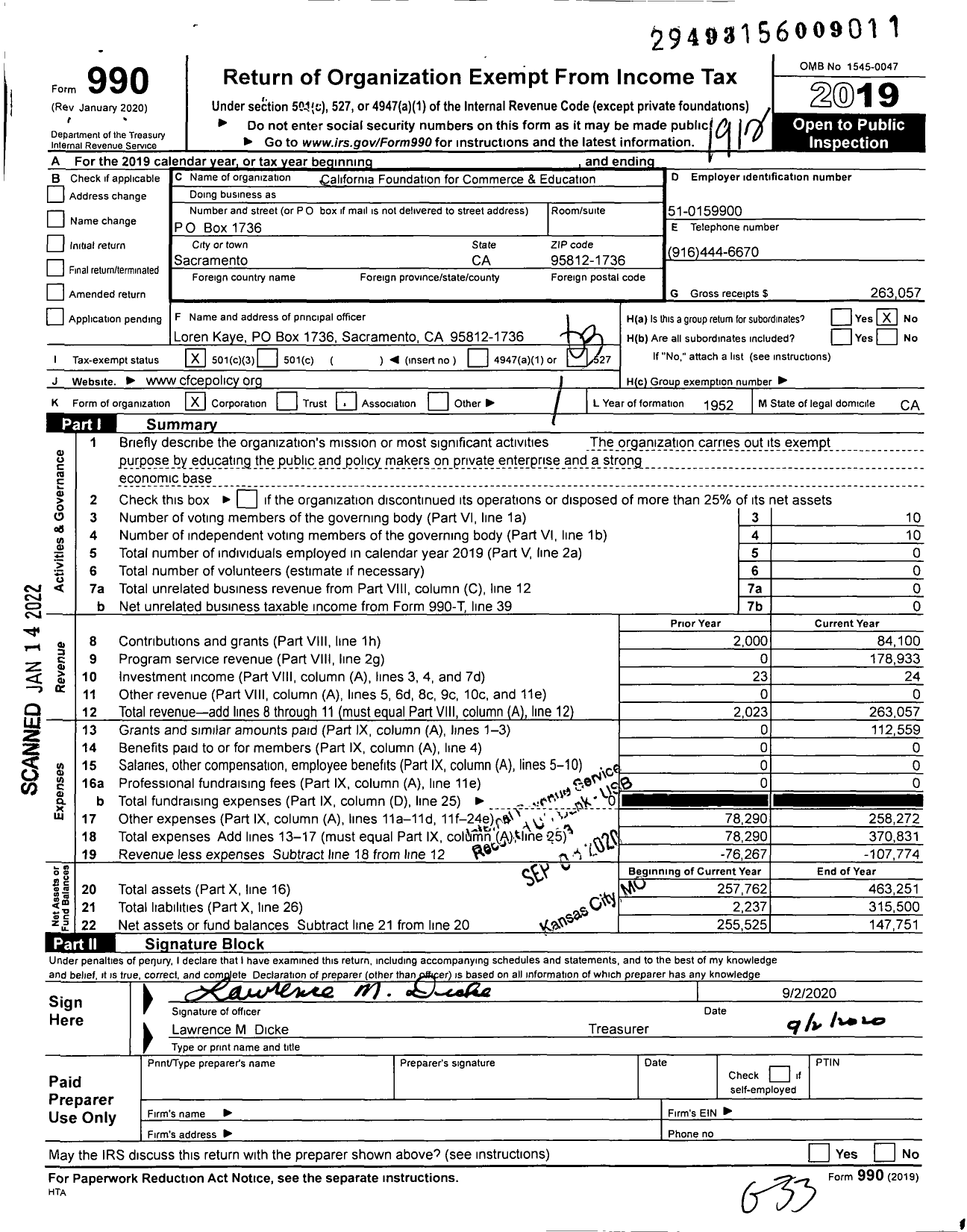 Image of first page of 2019 Form 990 for California Foundation for Commerce and Education