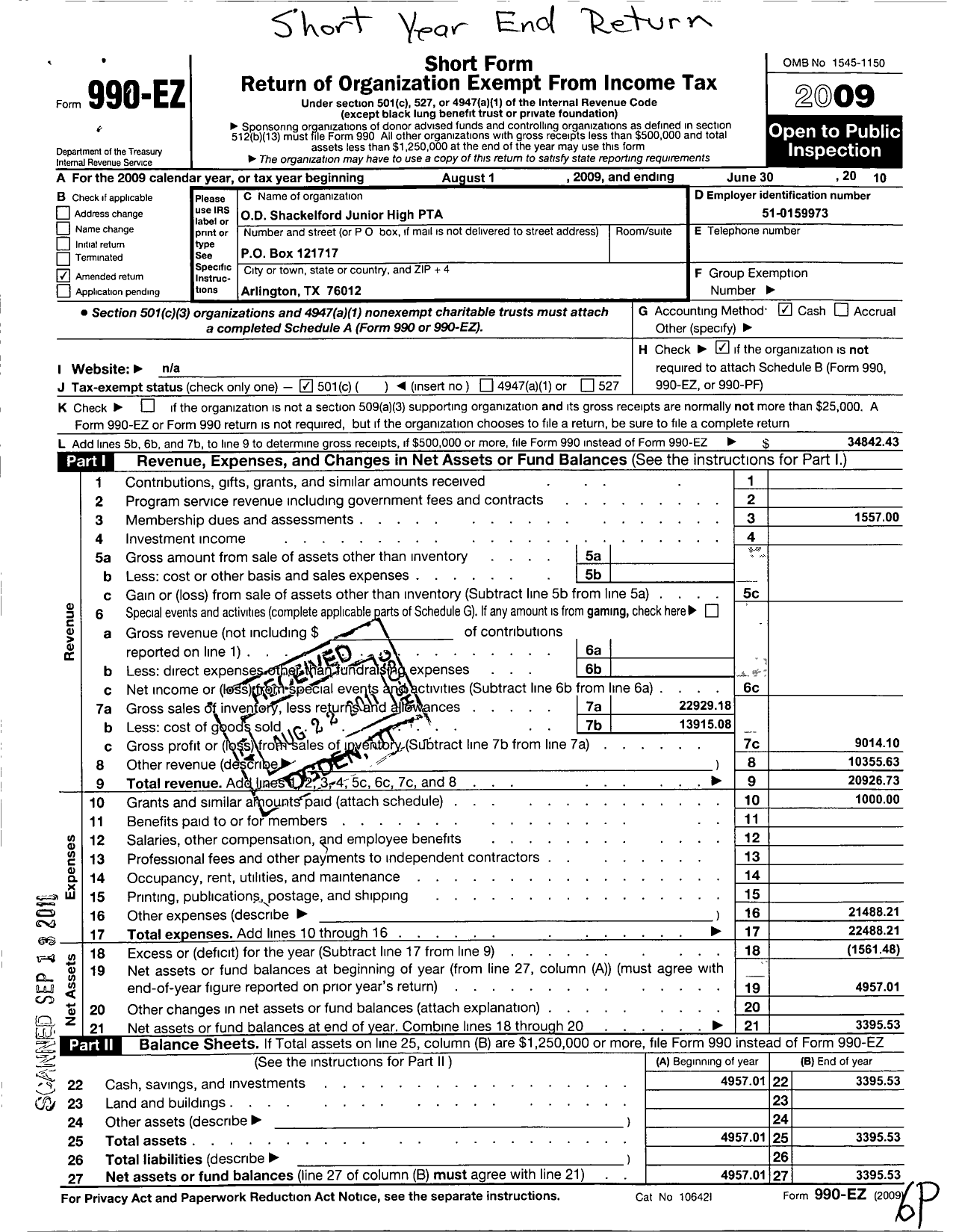 Image of first page of 2009 Form 990EO for Texas PTA - 532 O D Shackelford JR High PTA