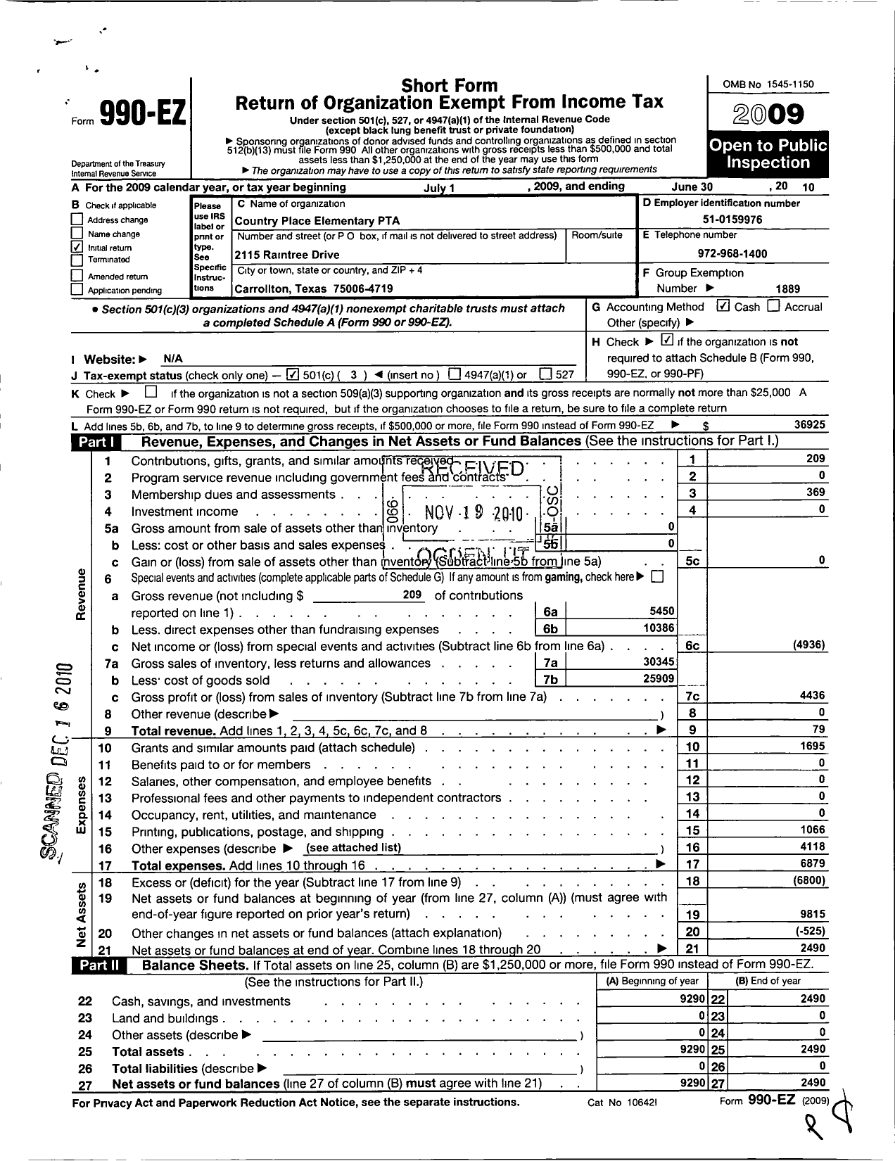 Image of first page of 2009 Form 990EZ for Texas PTA - Country Place Elementary