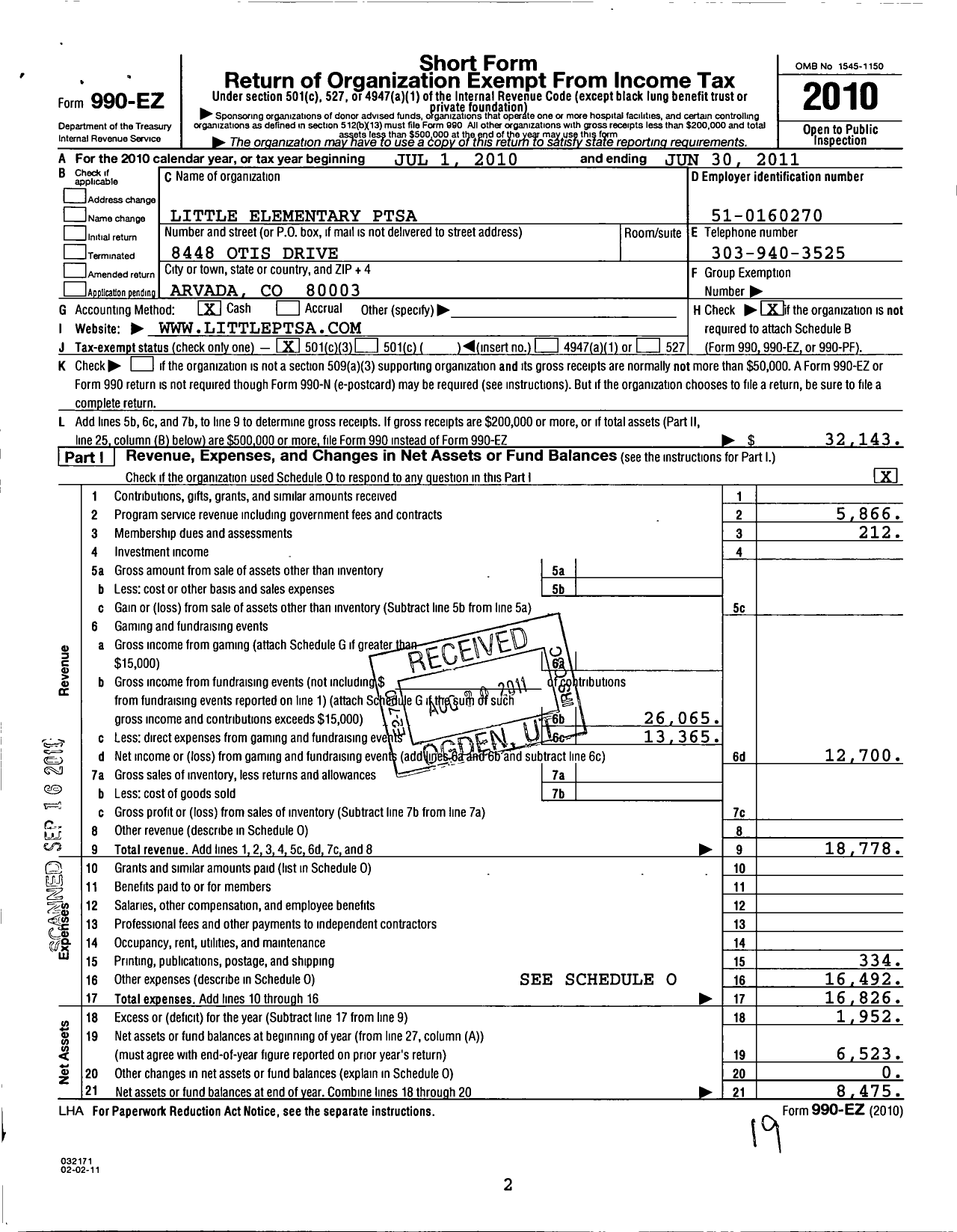 Image of first page of 2010 Form 990EZ for PTA Colorado Congress / Little Elem School PTA