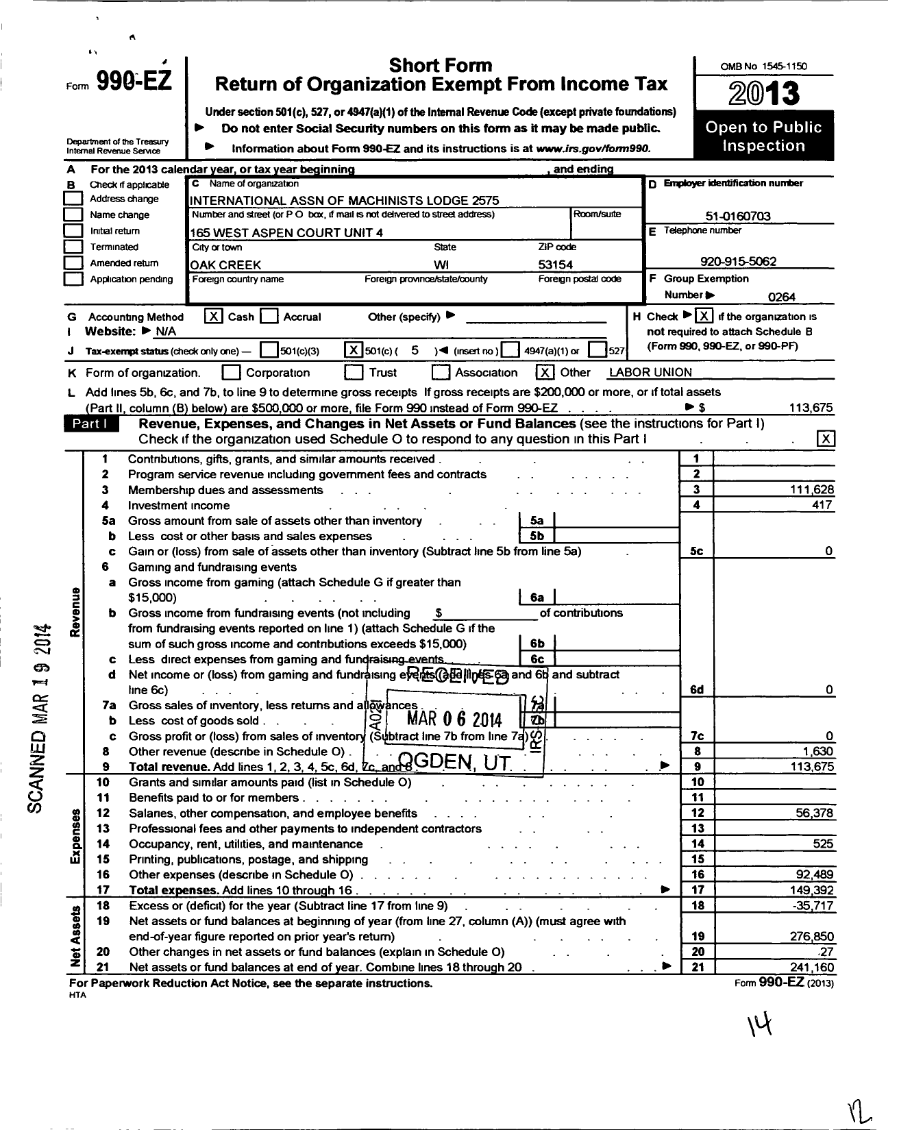 Image of first page of 2013 Form 990EO for INTERNATIONAL Association OF MACHINISTs and Aerospace Workers - 2575