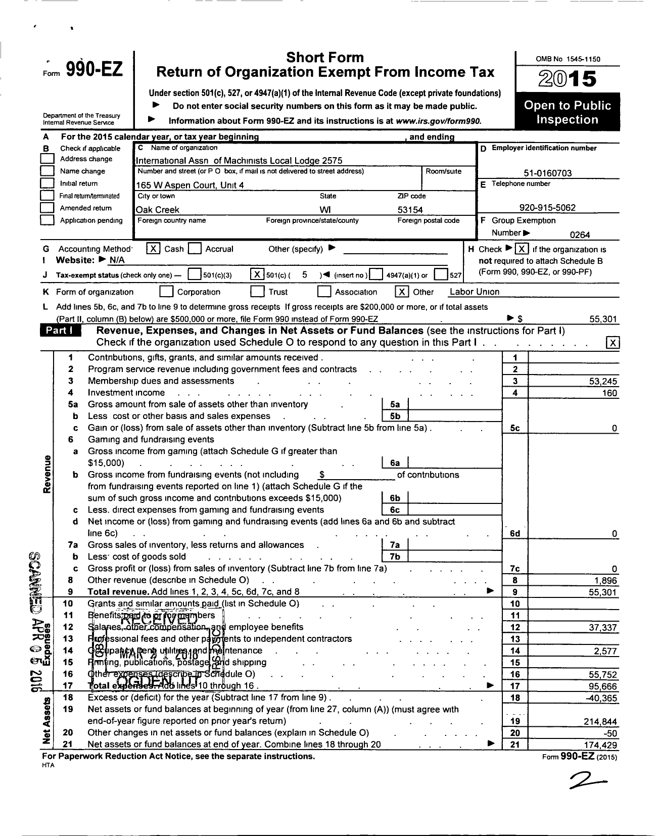 Image of first page of 2015 Form 990EO for INTERNATIONAL Association OF MACHINISTs and Aerospace Workers - 2575