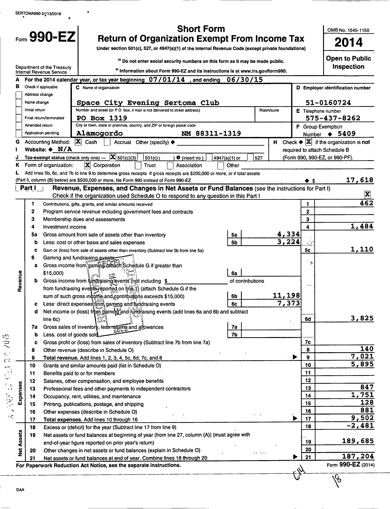 Image of first page of 2014 Form 990EZ for Sertoma - 10084 Space City Evening Bingo Club