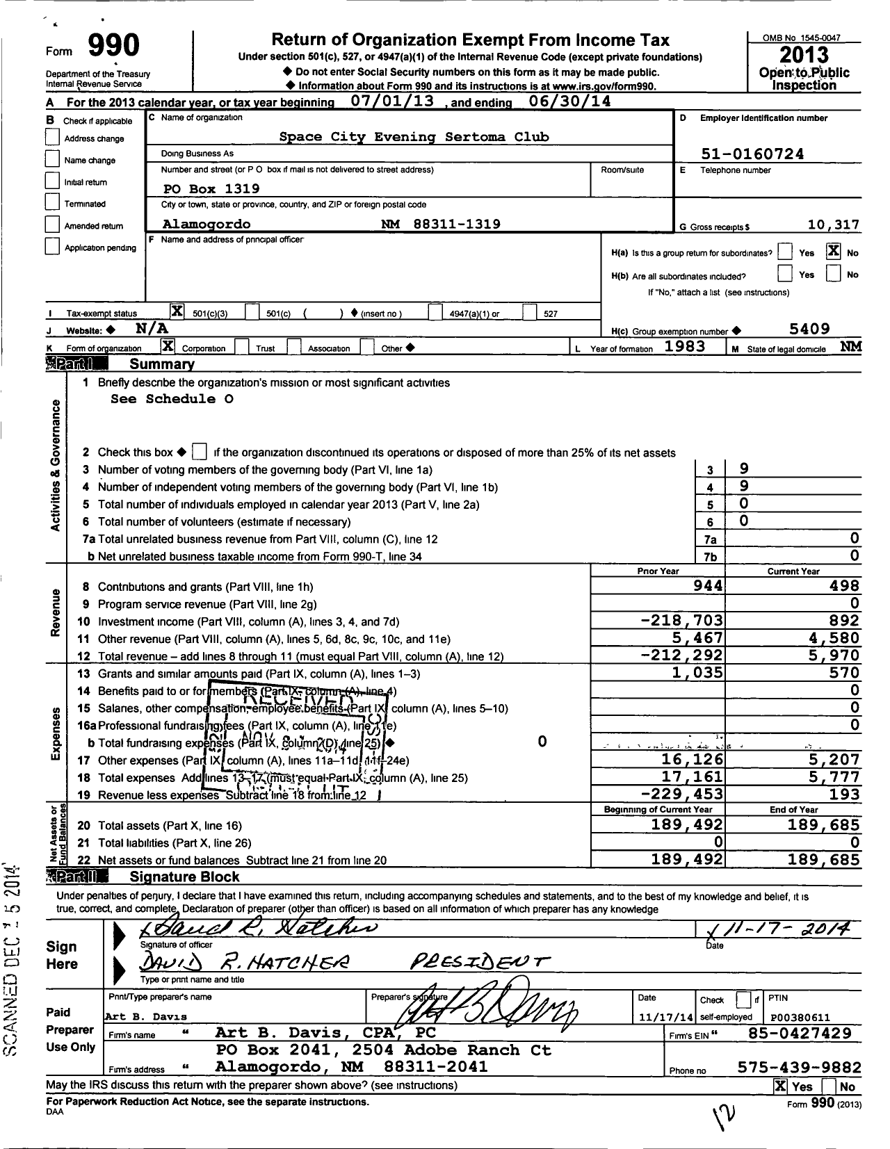 Image of first page of 2013 Form 990 for Sertoma - 10084 Space City Evening Bingo Club