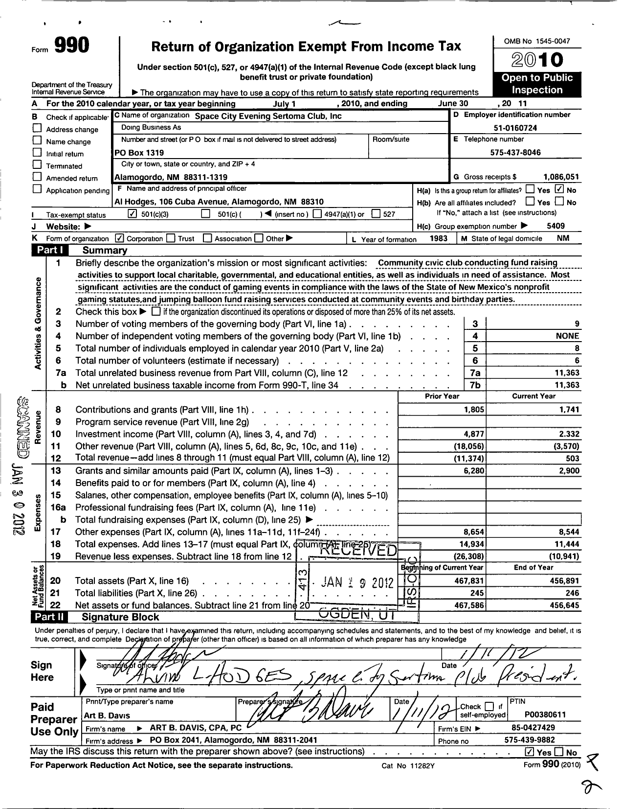 Image of first page of 2010 Form 990 for Sertoma - 10084 Space City Evening Bingo Club