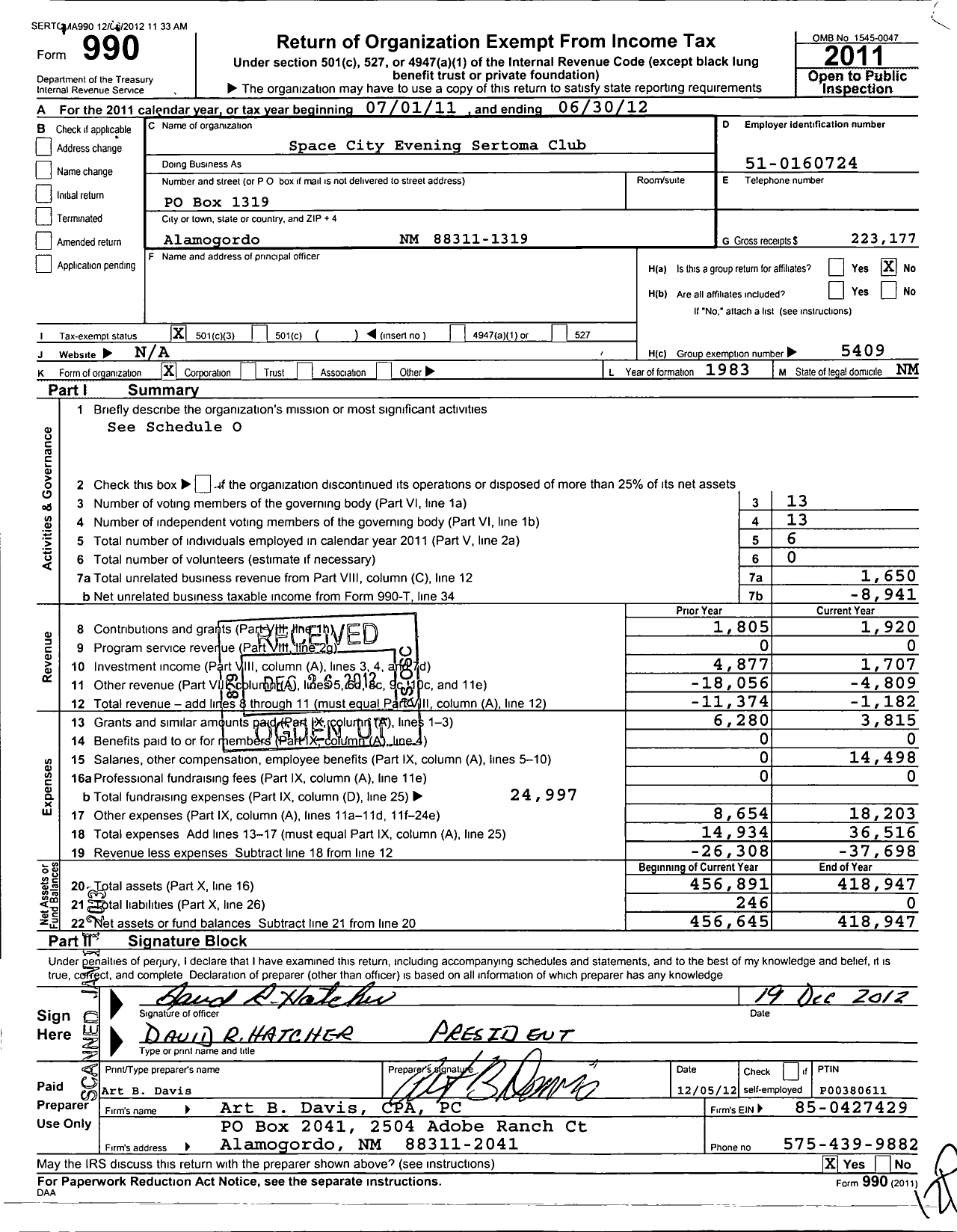 Image of first page of 2011 Form 990 for Sertoma - 10084 Space City Evening Bingo Club