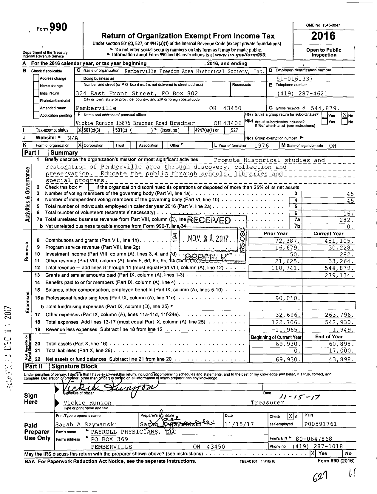 Image of first page of 2016 Form 990 for Pemberville-Freedom Area Historical Society