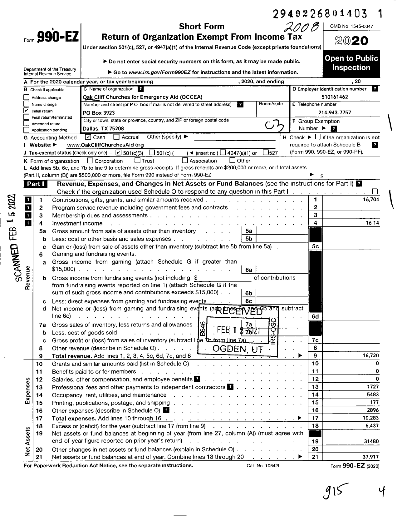 Image of first page of 2019 Form 990EZ for Oak Cliff Churches for Emergency Aid