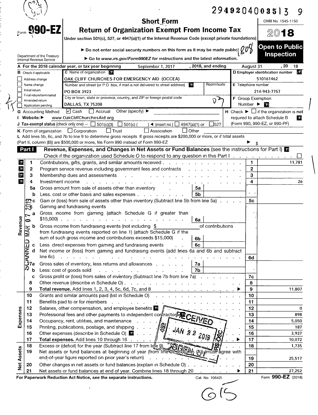 Image of first page of 2017 Form 990EZ for Oak Cliff Churches for Emergency Aid