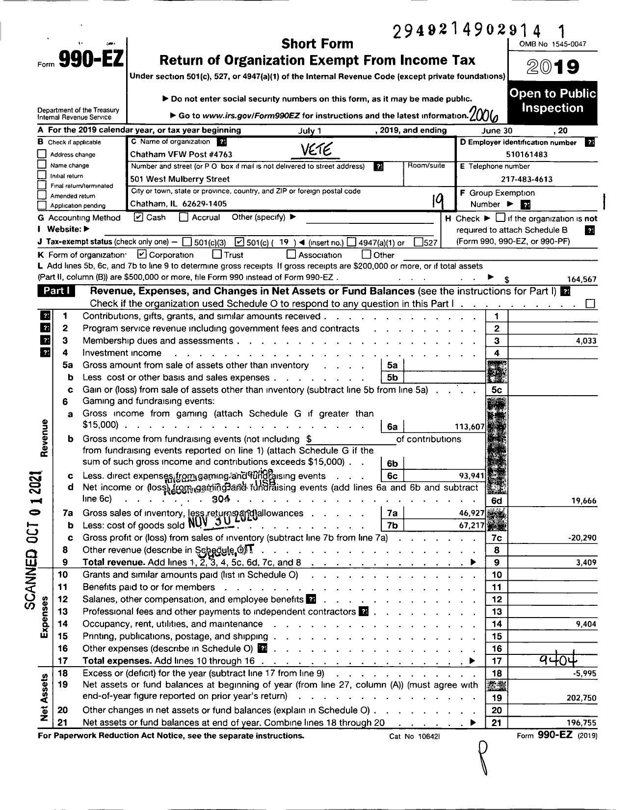 Image of first page of 2019 Form 990EO for VFW Dept OF ILLINOIS - 4763 Chatham Auburn Memorial