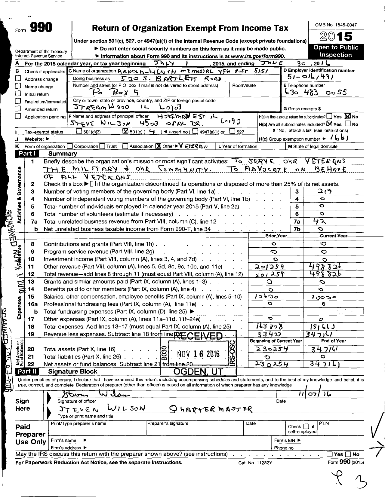 Image of first page of 2015 Form 990O for VFW Dept of Illinois - VFW Post 5151