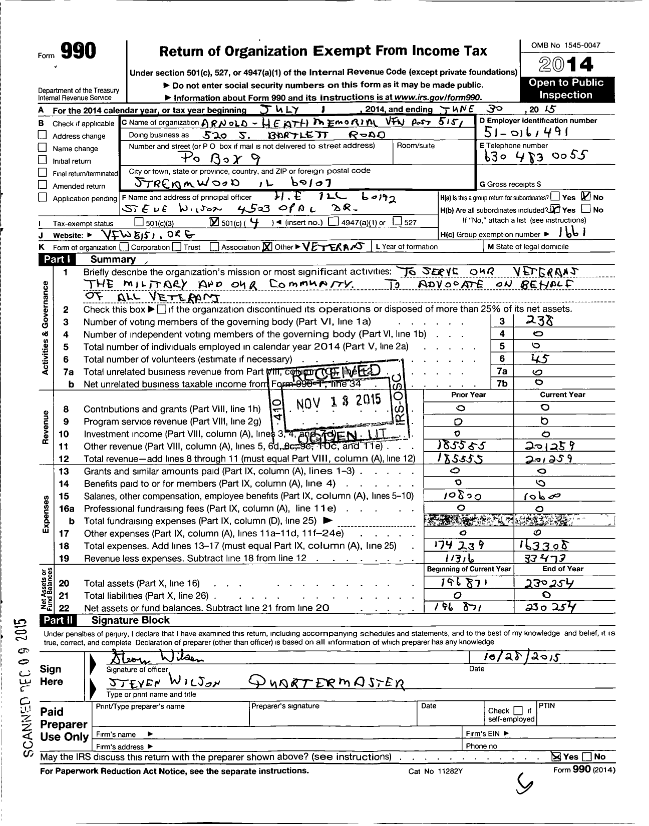 Image of first page of 2014 Form 990O for VFW Dept of Illinois - VFW Post 5151