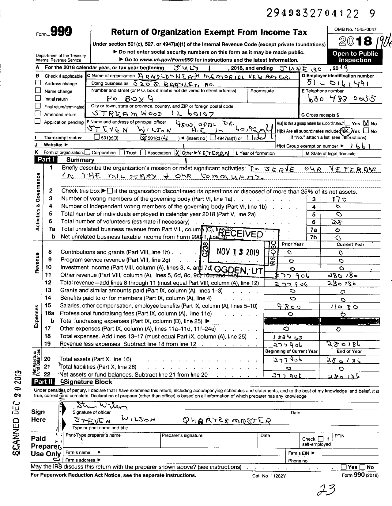 Image of first page of 2018 Form 990O for VFW Dept of Illinois - VFW Post 5151