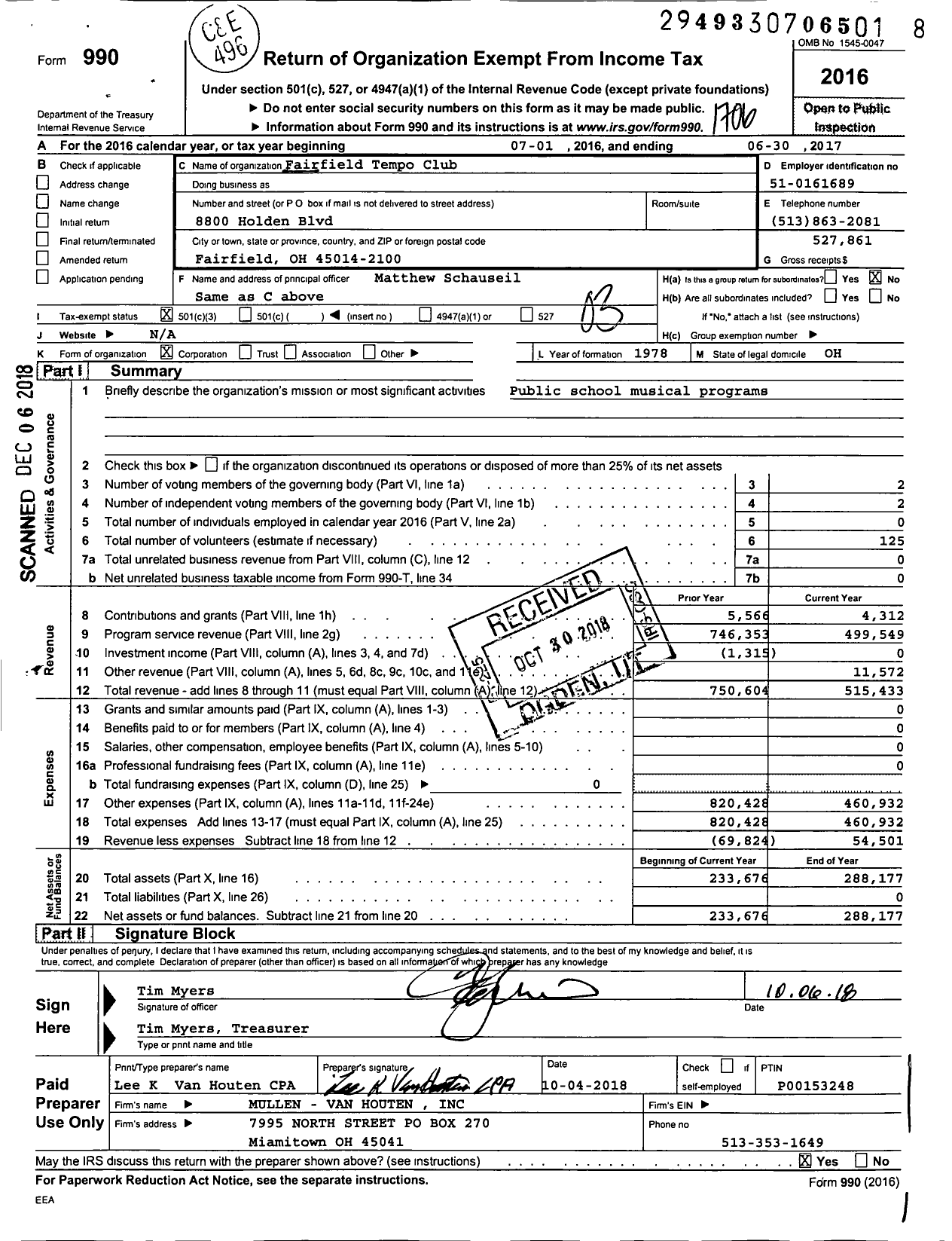 Image of first page of 2016 Form 990 for Fairfield Tempo Club