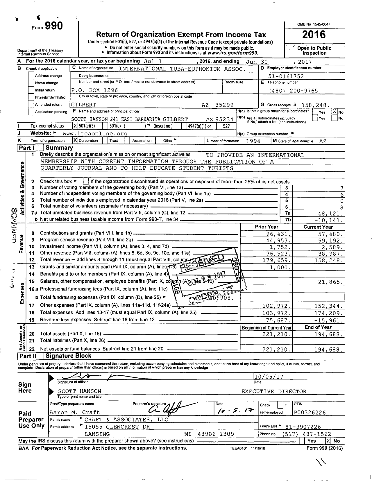 Image of first page of 2016 Form 990 for International Tuba-Euphonium Association